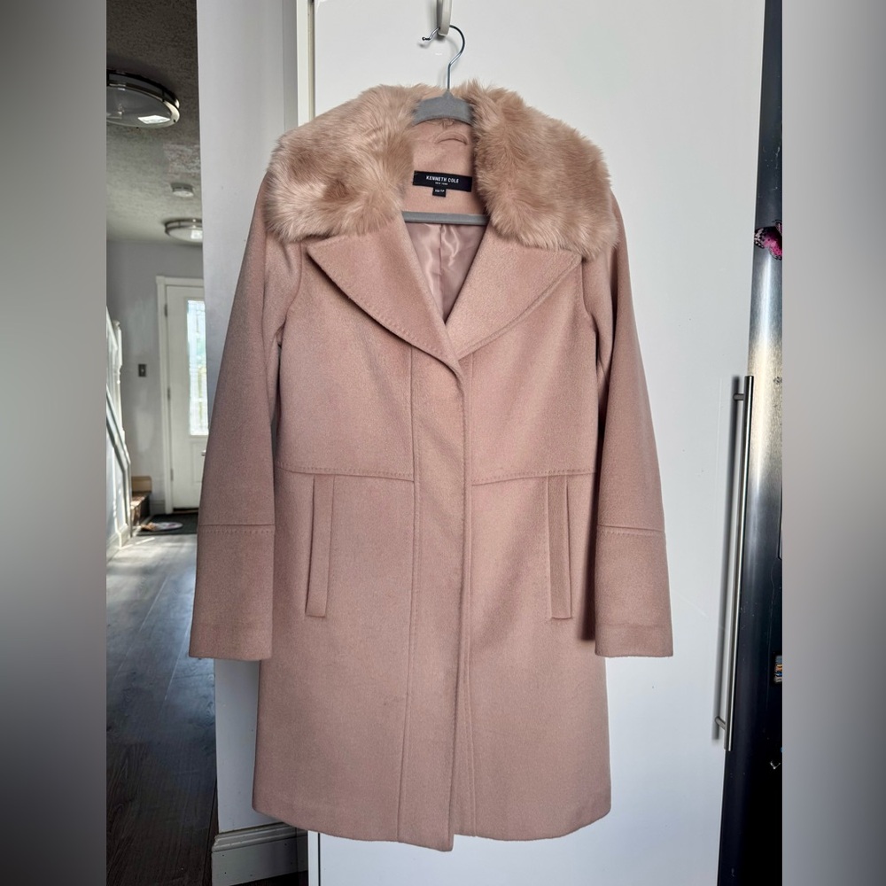 Kenneth Cole Women's Blush Trench Coat with Faux Fur Collar